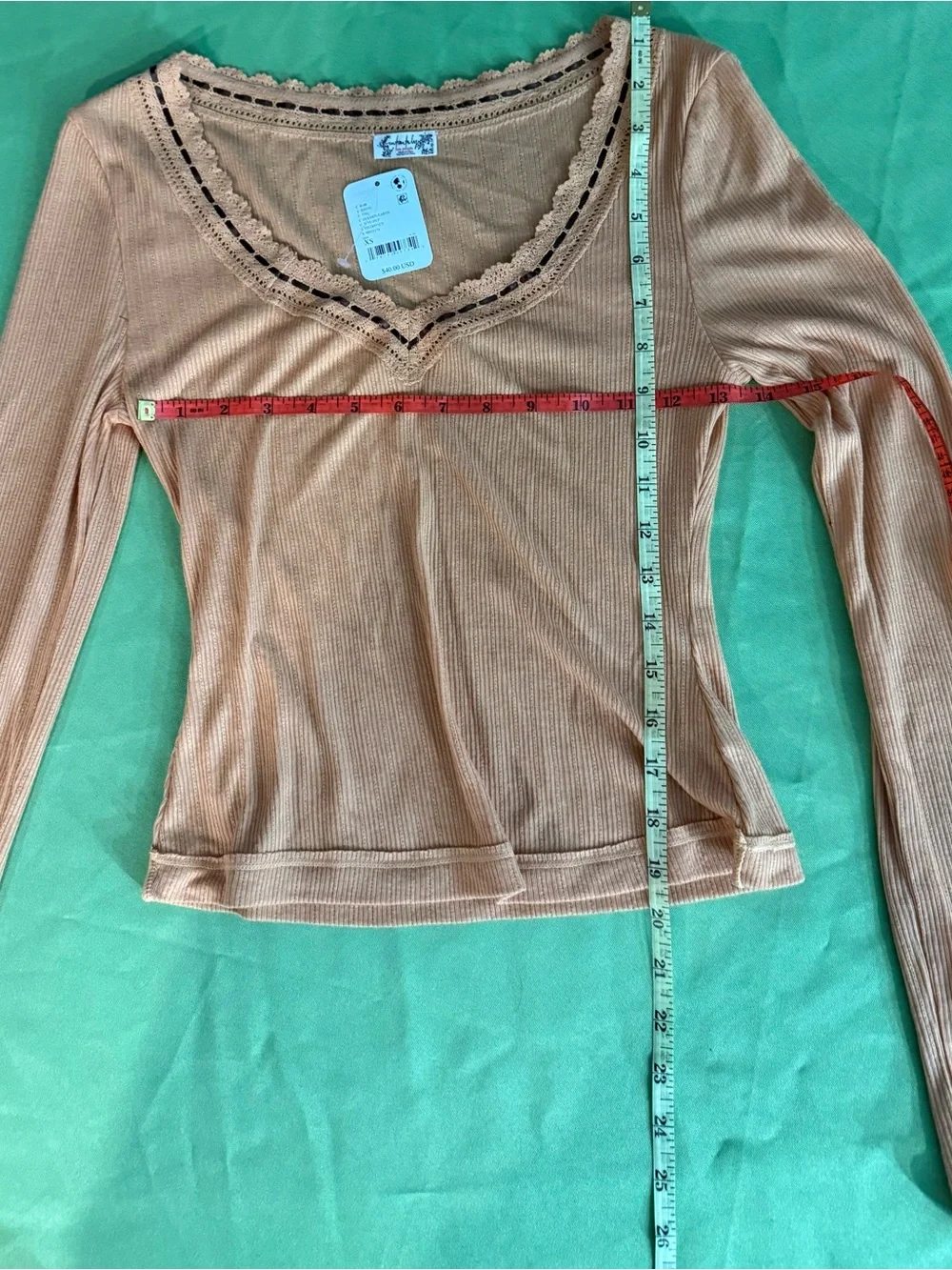 FP Peach Soft Ribbed V-Neck Long Sleeve Top - Chocolate Brown Ribbon NWT
